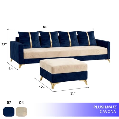 Image of Caviar 5 Seater L Shape Sofa Set with Movable Ottoman | Flexible Layout | Luxury Velvet Suede Fabric | Modern Living Room Sofa | Dark Blue-Cream