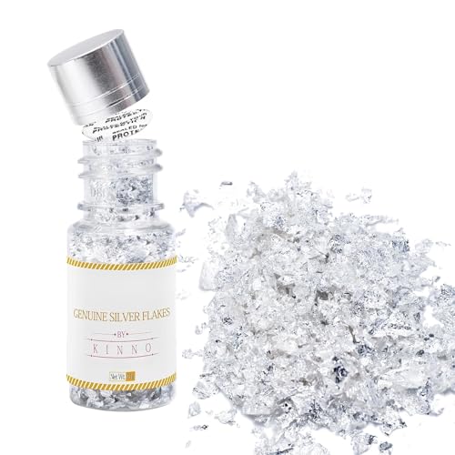 KINNO - KINNO 100mg Silver Flakes and Sprinkles, Metallic Glitter Flakes for Drinks, Pure Silver Leaf Flakes for Decorative Dishes, Cooking, Cakes, Desserts, Chocolates