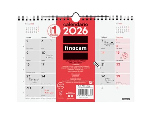 Finocam - Calendario de pared 2026 Mes Vista Enero - Diciembre (12 meses) | Calendario 2026 para anotar | Planificador mensual Neutro - Español