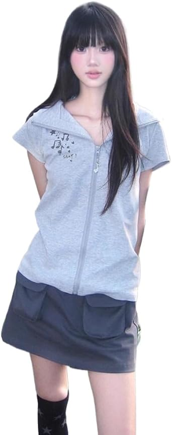 CEINOM Short Sleeve Zip Up Sweatshirts Y2k Aesthetic Simple Commuter Cardigans Hoodies High Street Clothes