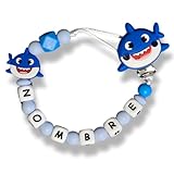 TetebyNoa - Sujetachupetes personalizado con nombre del bebé | Libre BPA, Desde +0 meses Chupetero bordado con tela. Regalo Bebé Guardería (Tiburón)