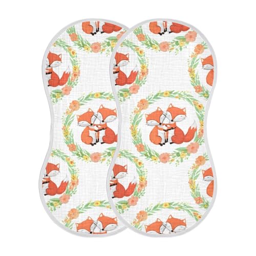 2 Pack Baby Burp Cloths, Soft Absorbent Burping Cloths for Babies, Cotton Milk Spit Up Rags, Large Size for Newborns, Baby Boys and Girls (Fox Floral Wreath)2