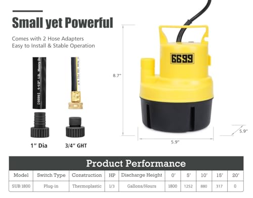 6699 Submersible Sump Pump 1/3 HP Utility Pump Thermoplastic Electric Portable Transfer Water Pump with 10-Foot Cord for Pool Tub Garden Pond Draining Tankless Heater Flushing by 6699 - Image 5