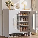 LIKIMIO Shoe Cabinet with Adjustable Shelves, 4-Tier Shoe Storage Cabinet with Slatted Doors, Freestanding Wooden Shoe Cabinet Storage for Entryway, Hallway, Living Room, White