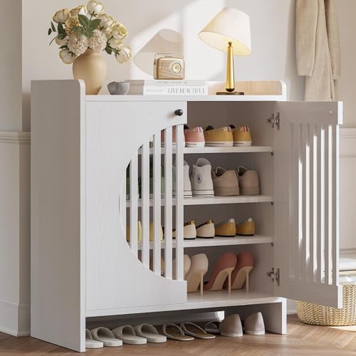 LIKIMIO Shoe Cabinet with Adjustable Shelves, 4-Tier Shoe Storage Cabinet with Slatted Doors...