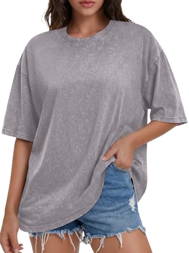 rosemia Oversized Tshirts for Women Acid Wash Short Sleeve Cotton Shirts Vintage Baggy Tops, Plain Grey, L