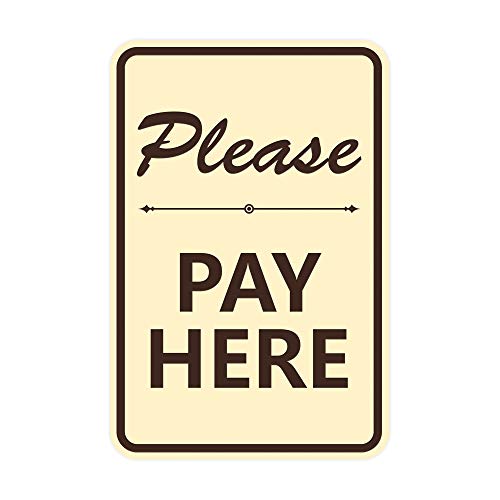 Portrait Round Please Pay Here Sign with Adhesive Tape, Mounts On Any Flat Surface (Ivory/Dark Brown) - Large