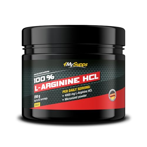 My Supps 100% L-Arginin HCL Pulver 250 g – 4.000 mg pro Portion – vegan, geschmacksneutral & gut löslich – inkl. Messlöffel – mit Vitamin B6 – laborgeprüft & Made in Germany