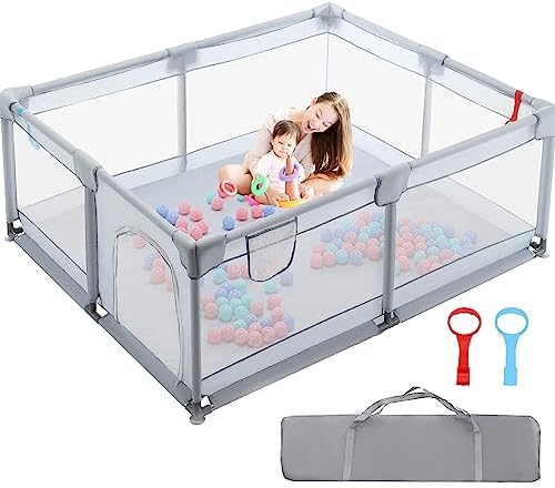 Eyasure Baby Playpen,Playpen for Babies and Toddlers,Baby Playards,Indoor & Outdoor Activity Center with Anti-Slip Base,Sturdy Safety Playpen with Soft Breathable Mesh Grey (50 * 50 * 27")
