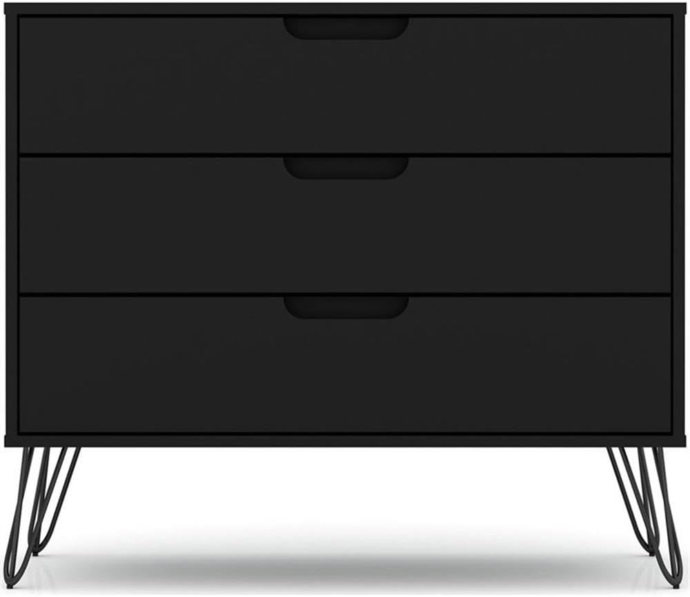 Pemberly Row 3-Drawer Wood Dresser, Black Finish, 30.15" H x 35.24" W x 17.52" D, Mid-Century Modern Design, Metal Wire Legs, Spacious Bedroom Storage and Display Furniture