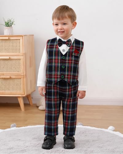 Image of YUEMION Toddler Baby Boy Clothes Suits Gentleman Dress Shirt+Bowtie+Vest+Suspender Pants Boy Formal Wedding Outfits Set 1-5T