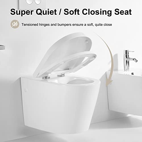 Horow Wall Hung Toilet Hr-Tg02W, Compact Wall Mounted Toilet With Soft Closing Seat, 1.6 Gpf/1.1 Gpf Dual Flush Ceramic Round Wall Toilet For Bathroom, White Toilet Bowl #TOP6