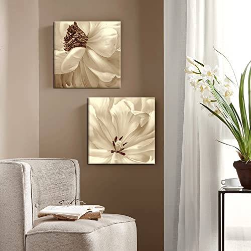 Seven Wall Arts 2 Piece Floral Wall Art Vintage Beige Flower Pictures Wall Decor Elegant Blossom Poster Canvas Print Framed Artwork For Dining Living Room Bedroom Office Ready To Hang 24" X 24" #TOP5