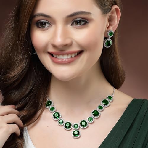 Image of Karatcart Elegant Silver Plated Blue American Diamond Necklace Set for Women