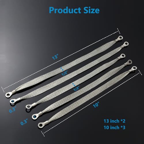 Jeyoon 5PCS Universal Automotive Ground Strap,3pcs 10"x1/2" & 2pcs 13"x1/2" Tinned Copper Vehicle Grounding Cable Straps,Automotive Engine Braided Copper Ground Strap with 5/16" Rings Terminal Plugs by Jeyoon - Image 2