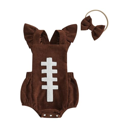 Yccutest Newborn Football Romper Baby Girl Corduroy Overalls Infant Football Onesie Bodysuit Game Day Outfit with Headband (Coffee,3-6 Months)