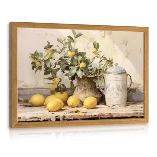 LLEEMPI Vintage Lemon Wall Art, Country Botanical Wall Decor, Yellow Fruit Still Life Canvas Painting, Rustic Farmhouse Poster Print for Kitchen Living Room Bathroom Bedroom Wood Framed 12x16 Inch