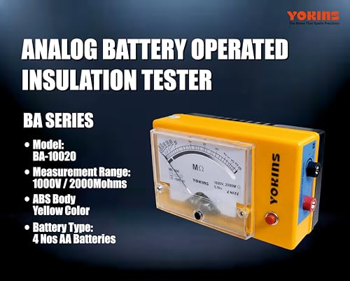 Image of YOKINS Analog Insulation Tester 1000V 2000MΩ Battery Operated Megger | Made in India | High Accuracy ±5% | IR Tester for Motor, Cable, Transformer | with Battery & Leads (BA-10020)