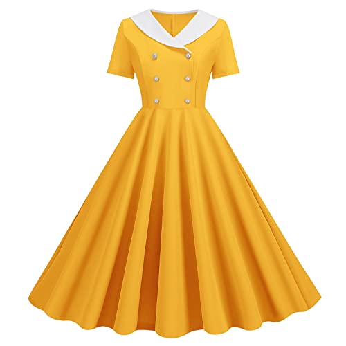 Woen's - Vestido casual de verano de manga corta, color sólido, retro, con doble botonadura, con botones, vestido con botones, amarillo, M