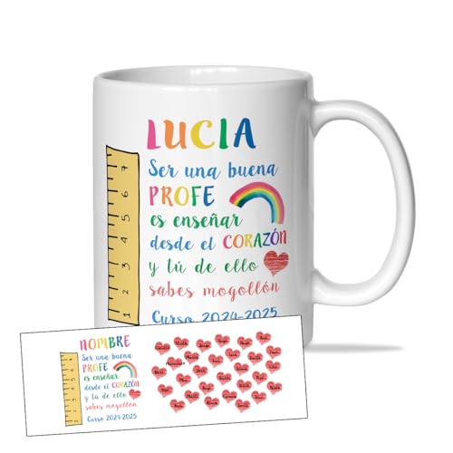 L´inforal - Taza Personalizada “Ser Una Buena Profe Es Enseñar Desde El Corazón” Con Corazones Y Nombres De Alumnos - Regalo Emotivo Para Maestras - Cerámica 250 Ml