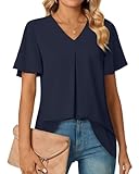 Anyally Women's Summer Dressy Chiffon Blouses Plus Size V Neck Ruffle Short Sleeve Tunic Tops for Leggings Casual T-Shirts, 2XL Navy Blue