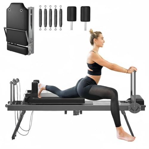 Foldable Pilates Reformer Machine for Home Gym, Wider Pilates Reformer with Spings, Adjustable Pilates Equipment for Women, Up to 450LBS Weight Capacity, Black (Dark Grey)