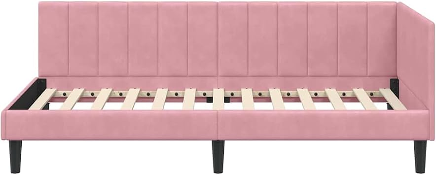 Corner Bed Frame with Headboard Pink 90cm x 190cm Velvet L Shape Space Saving Versatile Sofa Bed Sturdy Wooden Frame for Small Spaces