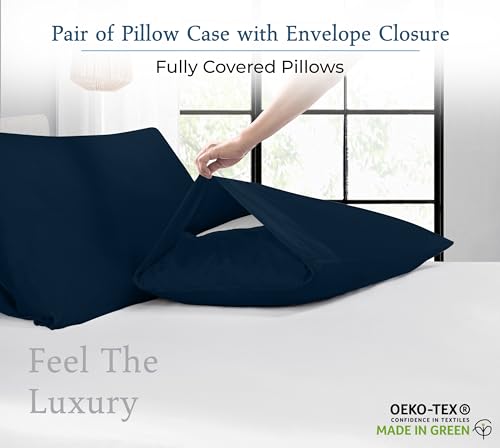 Image of Royale Linens 400 Thread Count 100% American Grown Cotton Queen Pillowcase Set - Luxury Sateen Queen Pillow case - 20 inchx30 inch Inch - Soft & Smooth Set of 2 Navy Pillowcases - (Queen, Rivera Navy)