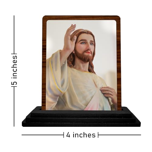 Image of Lord Jesus Christ Wooden Statue (7.5 x 10 cm) - Ideal Spiritual Gift for New Car, Housewarming & Christmas - Compact Sacred Jesus Showpiece for Home Temple & Office Desk