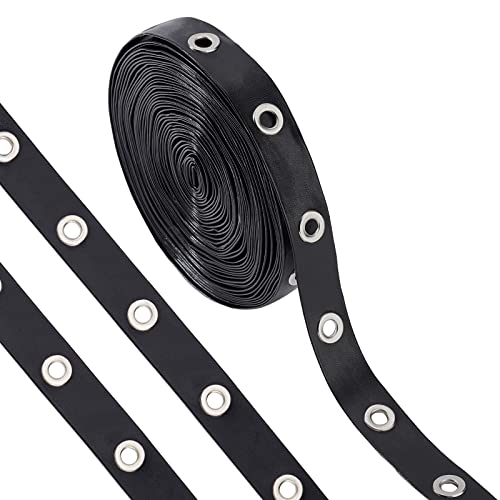 PandaHall Cinta de ojales de 9 yardas con ojales negros de 0.85 pulgadas de ancho, cinta de ojales de cuero, ojales de latón, ribete de sarga para coser ropa, corsé, camisa, chaqueta, negro/plateado