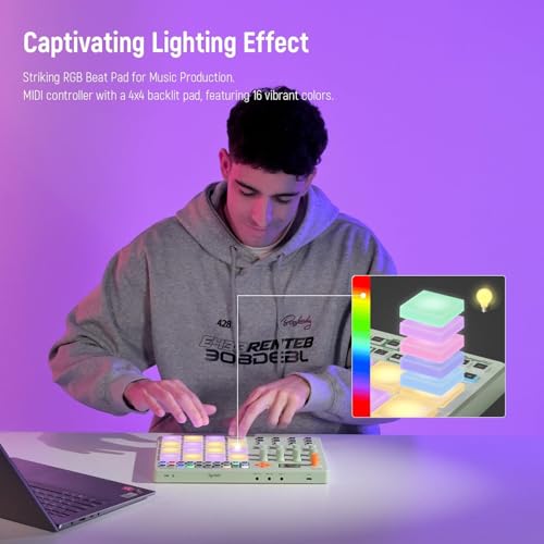 Synido Wireless MIDI Pad Controller, USB Rechargeable Beat Maker Machine for Music Production Professional with 16 RGB Beat Pad, OLED Screen, 16 Step Sequencer, MIDI In/Out/Thru