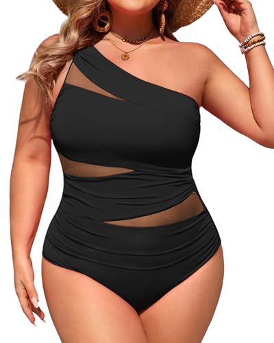 Aqua Eve Plus Size One Piece Swimsuit for Women Tummy Control Bathing Suits One Shoulder Swimwear