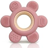 CAJA Beißring Blume Baby Zahnungshilfe Beißspielzeug aus Silikon Holz BPA frei Greifring mit strukturierten Oberflächen sicheres sensorisches Babyspielzeug Geschenkidee zur Geburt Jungen und Mädchen