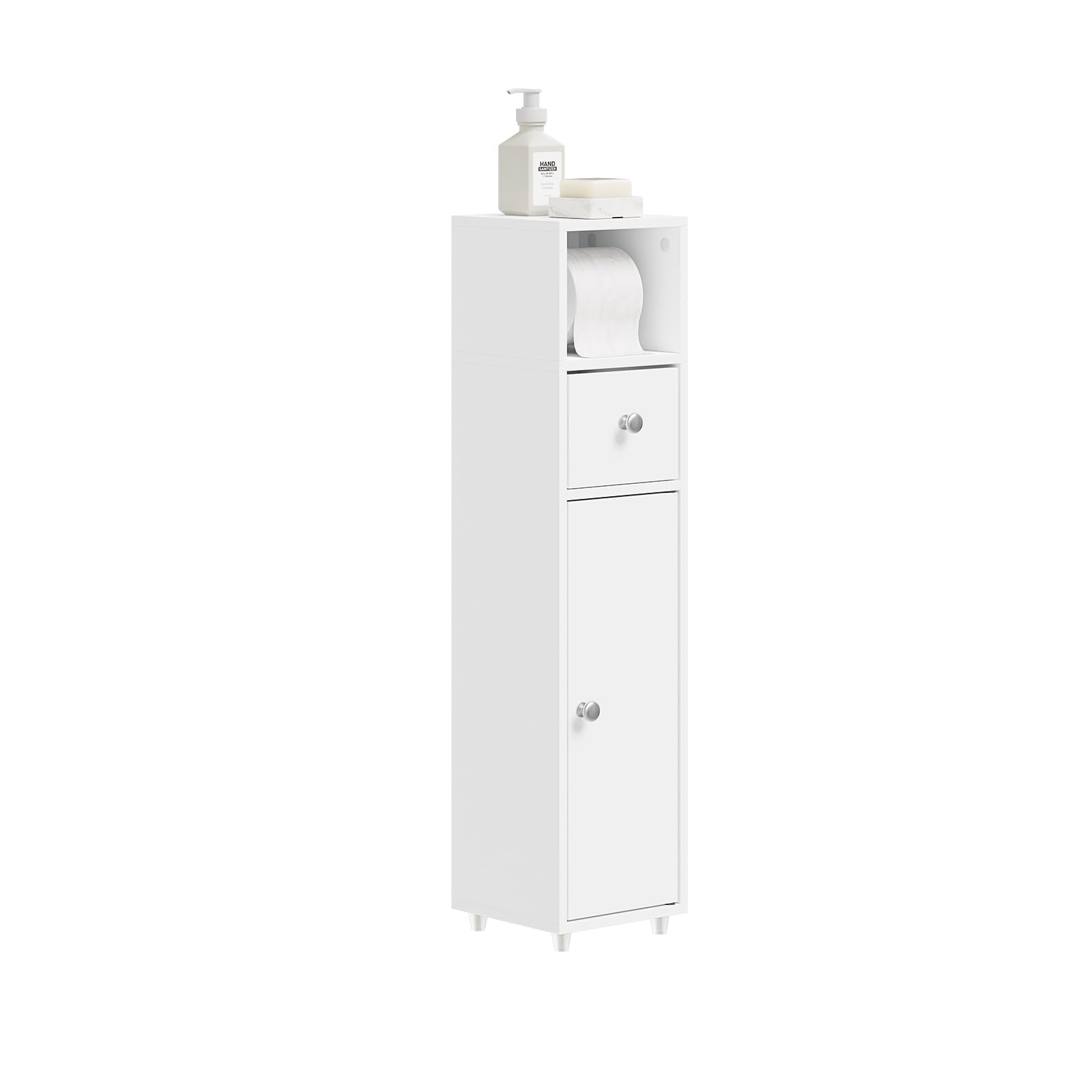 SoBuy Mobile Bagno Salvaspazio 20cm con Porta Carta Igienica per WC | Mobiletto Bagno Stretto e Cassetto Armadietto Bianco a Terra per Piccoli Spazi Cassettiera Sottile per WC BZR219-W
