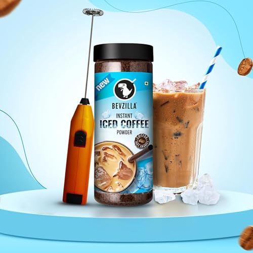 Image of Bevzilla 200g Instant Iced Coffee Powder & Frother Combo | Makes 100 Cups | Arabica Iced Coffee Mix | Cold Coffee | Unbreakable Jar