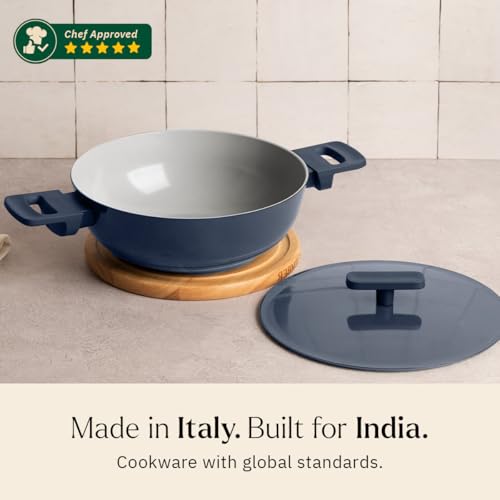 Image of Ember Cookware Arcilla Ceramic Kadai 24 cm, 2.6L with Metallic Lid | 75% Less Oil Usage | Lightweight, Non-Toxic Non-Stick Ceramic kadai | PFAS & PFOA Free | Matching Handle-Gas Compatible | Blue