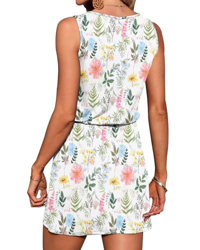 Image of AUSELILY Womens Summer Sleeveless V-Neck Drawstring Waist Beach Cover up Mini Short Swing Dresses with Pockets