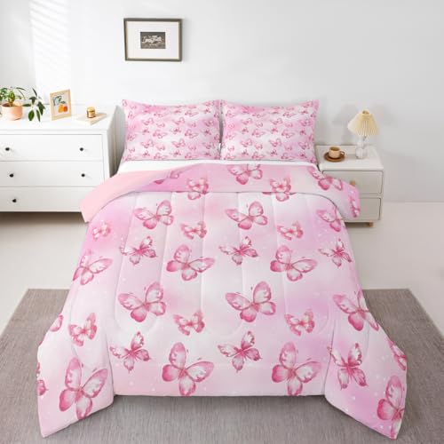 Image of Erosebridal Pink Butterfly Comforter Set for Kids Boys Girls 3D Pink Dreamy Butterfly Bedding Colorful Ink Stick Printing Duvet Set All Season Microfiber Comforter Queen with 2 Pillowcases