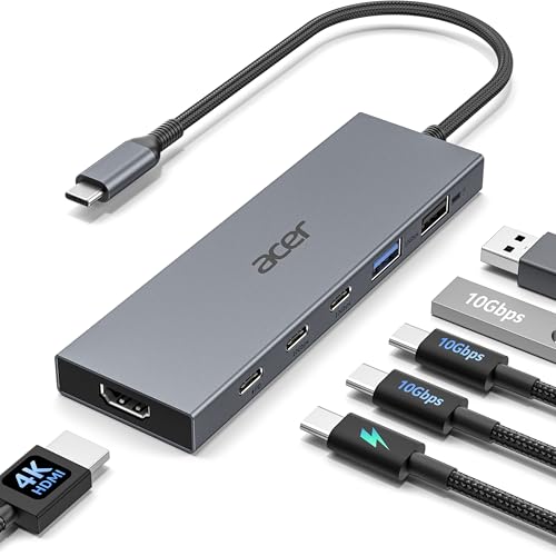 Acer 6-in-1 USB C Hub 10Gbps USB C to HDMI Adapter 4K@60Hz 2USB-C 3.2 1USB A 3.2 1USB 2.0 Data Transfer 100W PD Port Type C Multiport Splitter for Laptop MacBook Neo/Air/Pro iPad Pro