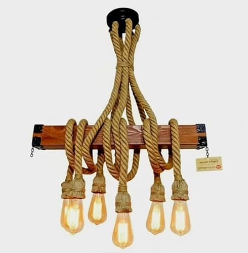 Wood Beam Chandelier with Natural Jute Rope, 8 Arms