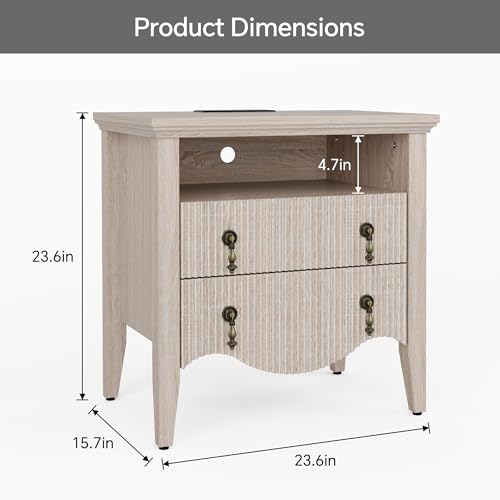 Image of Set of 2 Nightstands with Charging Station&2 Fluted Drawers,Nature Oak | Vintage Bedside Table, 2 Fluted Drawers and Open Shelf, Rustic End Table, Power Outlet and USB Ports, For Bedroom