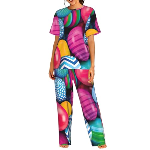 Pyjama léger manches courtes femme anti-chaleur au motif d'œufs de Pâques colorés