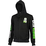 OPTIK: Der auffällige schwarz-grüne Kapuzenpullover mit Reißverschluss ist mit dem Broken Head Schriftzug und gestickten Totenkopf-Motiven auf Vorder- und Rückseite ausgestattet