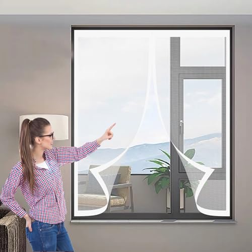 Mosquitera Ventana Magnetica 134 x 173 cm Imanes Más Fuertes, Protección Contra Insectos, sin Taladrar Cortina Contra Mosquitos para Correderas, Garaje O Patio, Blanco