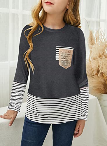 Dokotoo Girls Long Sleeve Sweatshirts Striped Leopard Camouflage Sweatshirt Sequin Pocket Pullover Shirts Tops For Teen Girls Gray Size 12-13 #TOP2