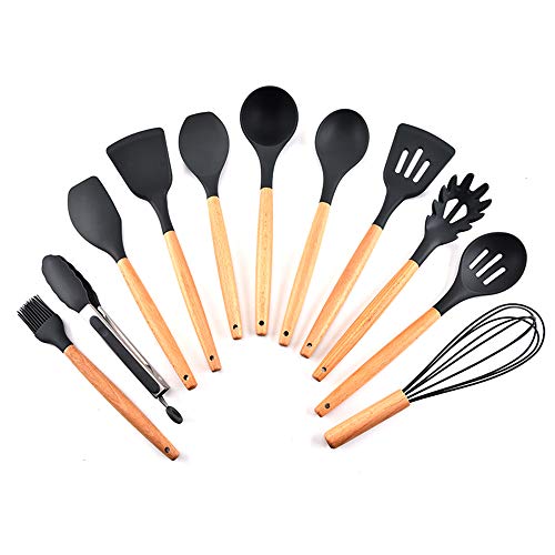 KKmoon Conjunto de utensílios de cozinha de silicone 11 unidades com cabo de madeira de faia resiste