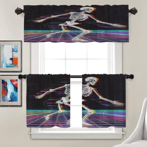 Batmerry Neon Skeleton Thermal Insulated Valances For Windows, Glitchy Cyberpunk Kitchen Curtains And Valances Set Blackout Short Valance For Bathroom, 2 Pack 52X16 Inches [2]