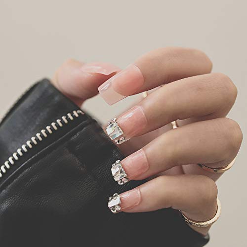 Aukmla Glossy Press on Nails Pink Long Square False Nails Crystal Fake Nail Full Cover Nails for Women and Girls (Pack of 24)