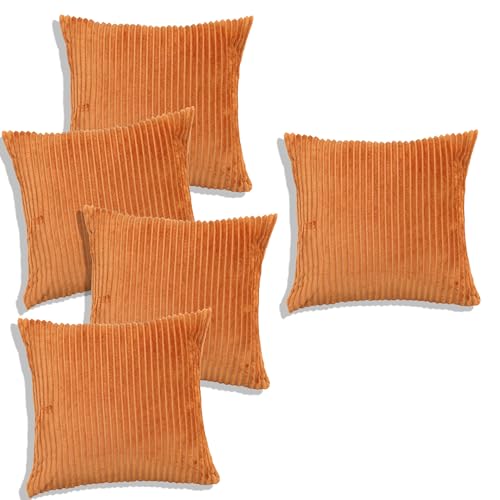 Image of RD TREND Cushion Cover Set of 5, Decorative Sofa Living Room Home Square Cushion Covers 18 Inch x 18 Inch, Aesthetic Corduroy Striped Double Sided (Golden, Pack of 5)