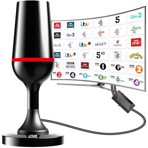 Antena de TV, antena de TV con alcance de 360° y recepción de más de 420 km con amplificador de señal, base magnética, soporte de antena de TV 4K/1080P y radio VHF/UHF/DAB y todos los televisores